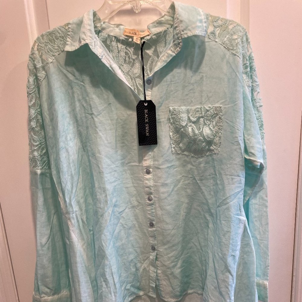 Black Swan Long Sleeve Blouse, Lace Detail, Size Small, New with Tags
